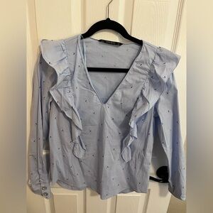 Zara v neck ruffle top with cute embroidered umbrellas